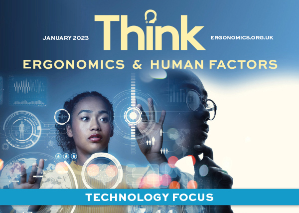 An illustration of a man thinking and a woman using an AR interface, with the Think masthead and strapline, Technology Focus, along the bottom