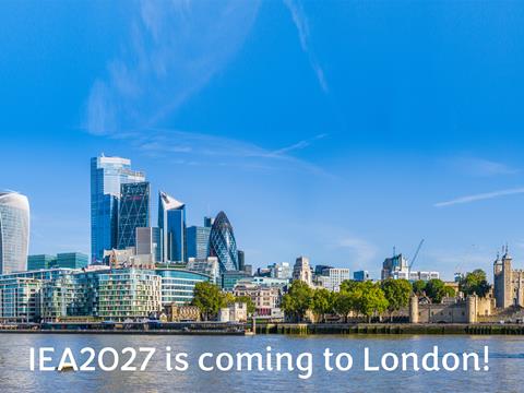 A view looking across the City of London, overlaid text reads IEA 2027 is coming to London!
