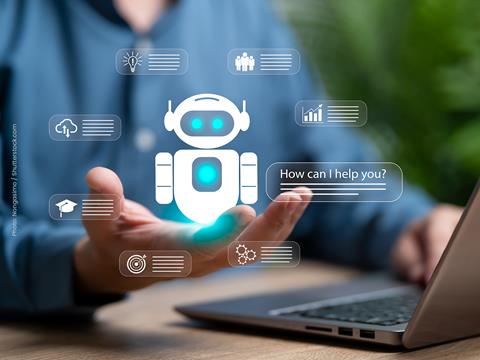 A man holds out his hand towards an illustrated AI agent display in augmented reality